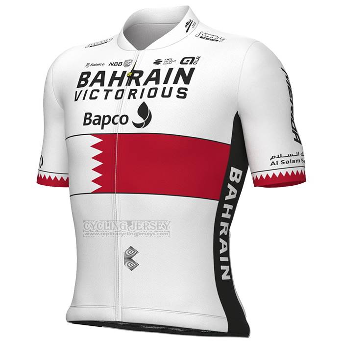 2023 Cycling Jersey Bahrain Champion Bahrain Victorious White Red Short Sleeve and Bib Short